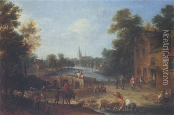 River Landscape With Peasants Dancing Outside A Tavern Oil Painting - Mathys Schoevaerdts