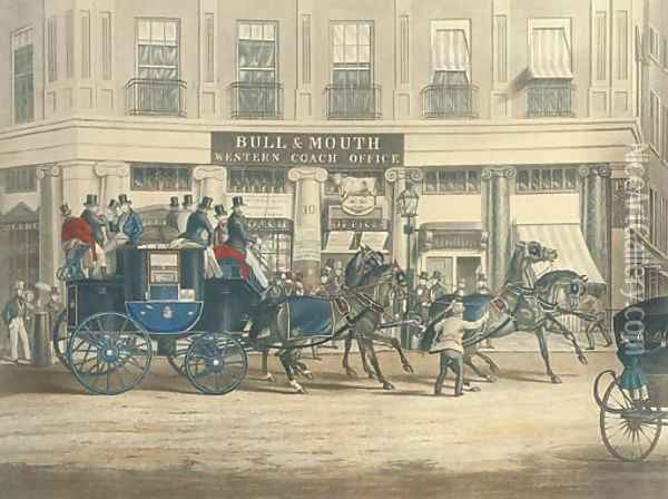 The Duke of Beaufort's coach starting from the bull and mouth (Siltzer 249), by C. Hunt Oil Painting - William Joseph Shayer