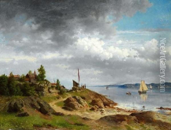 Norsk Kystlandskap Med Folkeliv 1857 1857 Oil Painting - Morten Muller