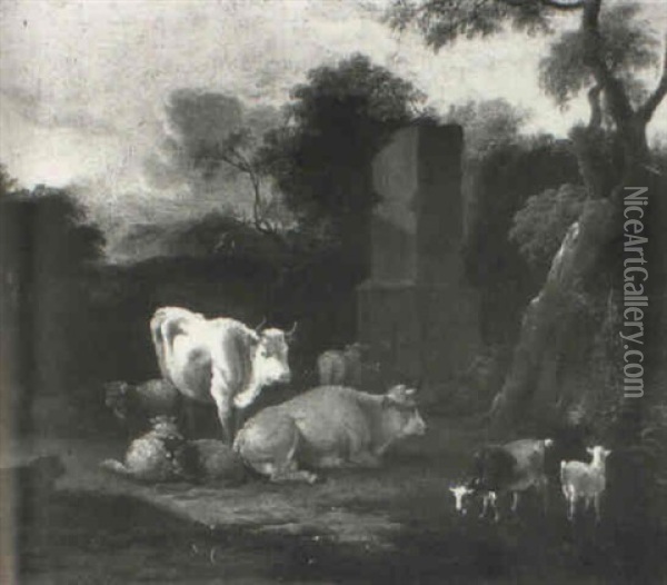 Cattle, Sheep And Goats By A Ruined Column Oil Painting - Michiel (Carree) Carre