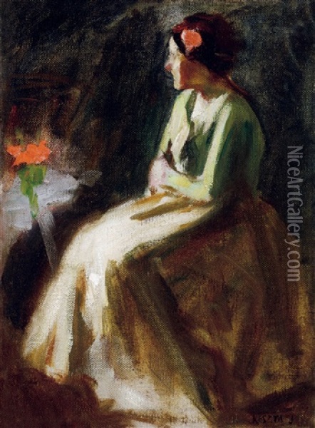 Girl With Geranium Oil Painting - Jozsef Koszta