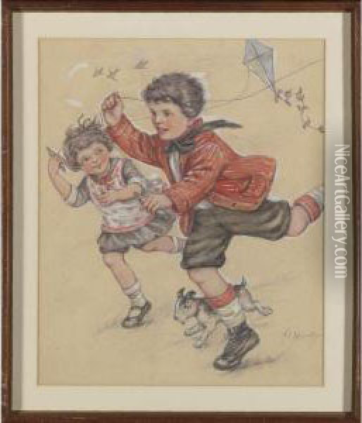 Two Children With Dog And Kite Oil Painting - Florence England Nosworthy