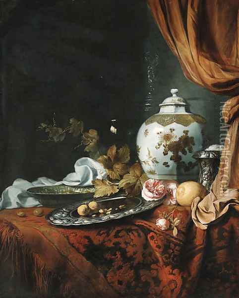 A blue and white facetted vase with other dishes, glasses, fruit and roses on a draped table Oil Painting - Simon Luttichuys
