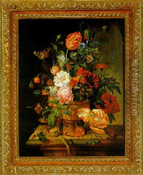 Blumenstraus Mit Schmetterlingen Und Andere Insekten In Einer Empirevase Oil Painting - Paul Theodor van Bruessel
