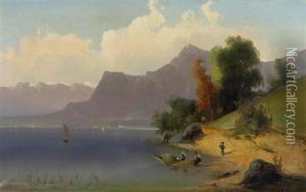 Blick Auf Den Brienzer See. 1885. Oil Painting - Ferdinand Feldhutter