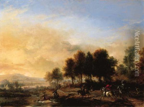 A Stag Hunt Oil Painting - Pieter Wouwermans or Wouwerman