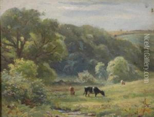 Cows In A Devon Valley. Oil Painting - Ernest Higgins Rigg