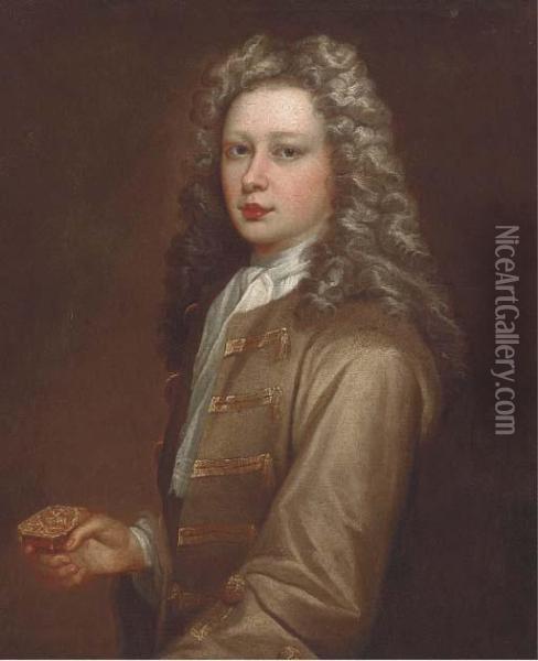 Portrait Of Edmund Kershaw 
(b.1701), Half-length, Wearing An Olivejacket, White Cravat, And Holding
 A Silver Box Oil Painting - Sir Godfrey Kneller