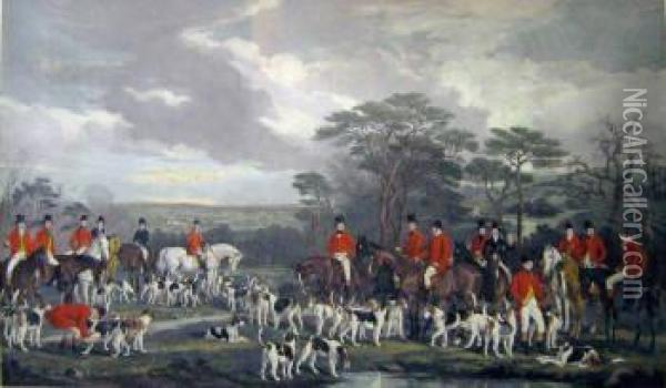 After Francis Grant R.a. , 'sir Richard Hutton And The Queen Hounds', Handcoloured Engraving, 64cm X 99cm, Framed Oil Painting - Frederick Bromley