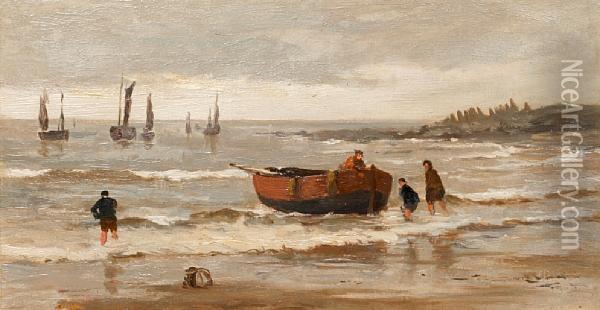 Rowing Boat And Figures On A Shore Oil Painting - William Howard Hart