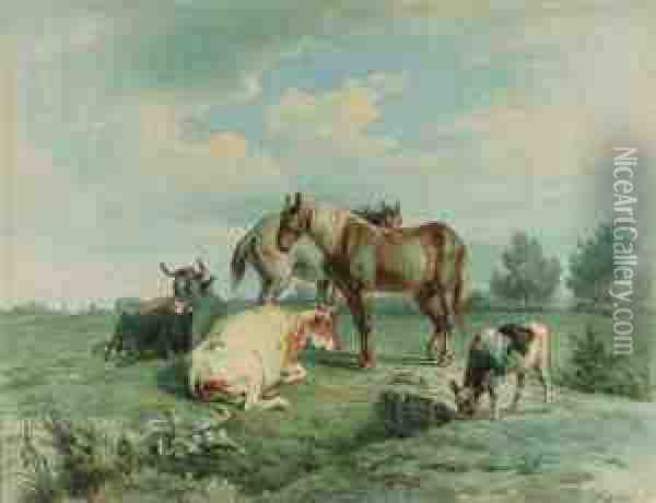 Cattle In A Sunlit Meadow Oil Painting - Frans Lebret