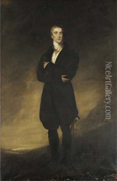 Portrait Of Arthur Wellesley, 1st Duke Of Wellington, In A Black Coat And Breeches, His Arms Folded, Wearing The Badge Of The Order Of The Golden Fleece, Holding A Baton, In A Coastal Landscape Oil Painting - Thomas Lawrence