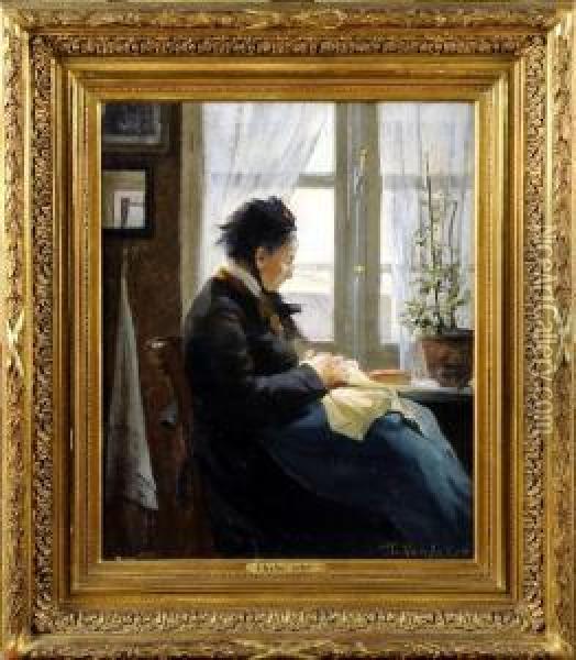 [vieille Femme Cousant Devant La Fenetre] Oil Painting - Florimond Van Acker