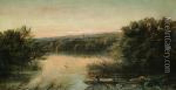 A Figure In A Punt On A River; Figures Fishing In A River Landscape Oil Painting - Edwin H., Boddington Jnr.