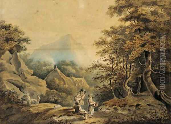 Children leading a ram in a wooded landscape; and Figures and goats resting by the wayside in a wooded landscape Oil Painting - Nicholas Pocock