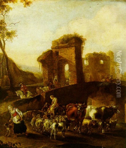 An Italianate Landscape With Herdes And Animals Crossing A Roman Bridge Oil Painting - Willem Van Bemmel