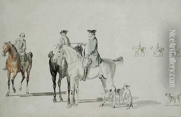 The Duke of Cumberland with a Gentleman and a Groom, all Mounted, and Dogs Oil Painting - Paul Sandby