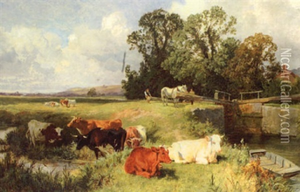 Cattle By A Lock Oil Painting - Charles Collins II