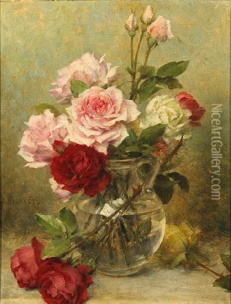 A Vase Of Carnations; A Vase Of Roses (a Pair) Oil Painting - Gustave Bienvetu