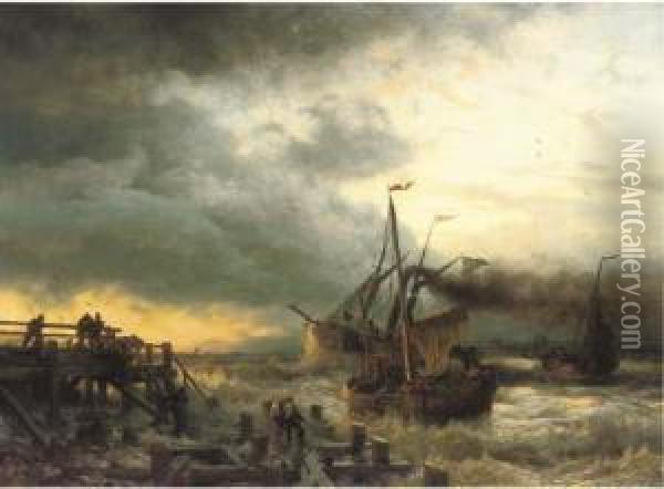 The Departure Of The Steamship Oil Painting - Andreas Achenbach