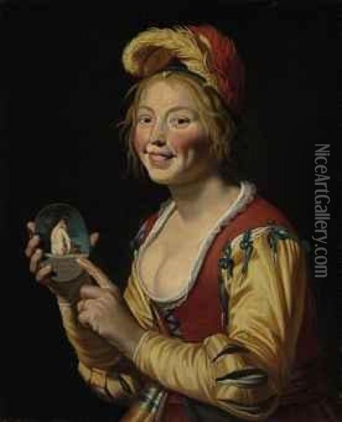 A Smiling Girl, A Courtesan, Holding An Obscene Image Oil Painting - Gerrit Van Honthorst