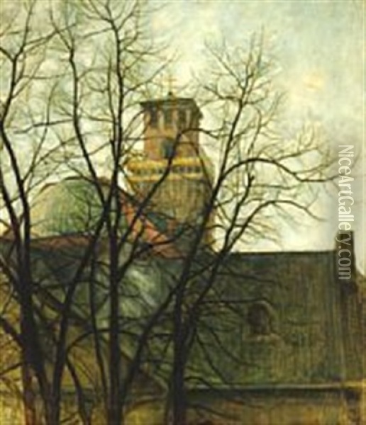 The Church Tower Of Vor Frue Kirke (the Cathedral) Oil Painting - Svend Hammershoi