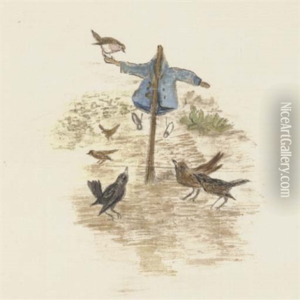 Mr. Mcgregor Hung Up The Little Jacket And The Shoes For A Scare-crow To Frighten The Blackbirds Oil Painting - Beatrix Potter