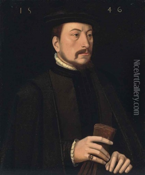 Portrait Of A Gentleman In Black Robes With A Ruff And A Black Mantle, Holding A Pair Of Gloves In His Right Hand Oil Painting - Ambrosius Benson