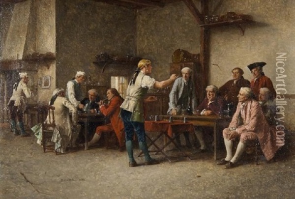 An Eighteenth Century Tavern Interior Oil Painting - Benjamin Eugene Fichel