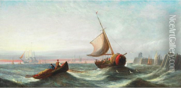 Shipping Off A Jetty; Shipping Off A Coast Oil Painting - William Calcott Knell