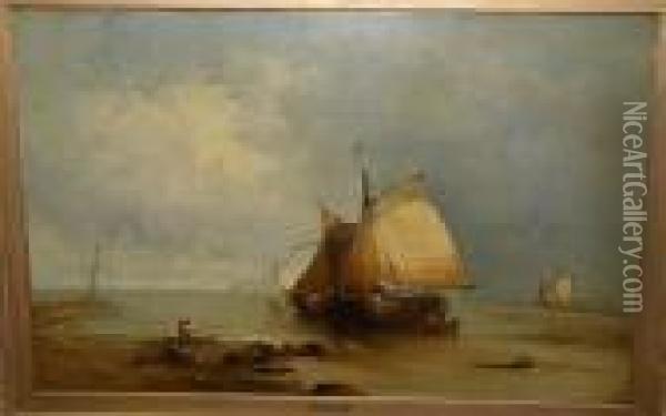 A Dutch Estuary Scene With 
Coastal Craft And A Figure On The Shore, Signed 'jas Webb', Oil On 
Canvas Oil Painting - James Webb