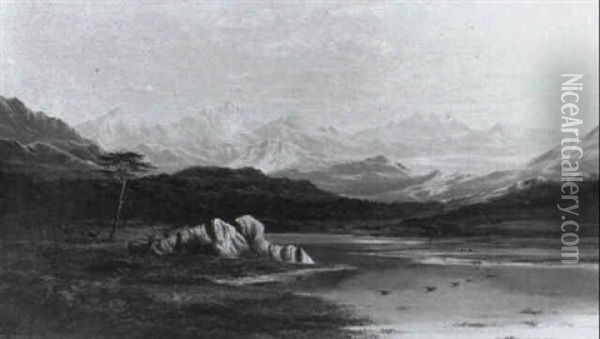 A Highland Loch With Distant Mountains [&] Stags By A Highland Loch Oil Painting - Charles Leslie
