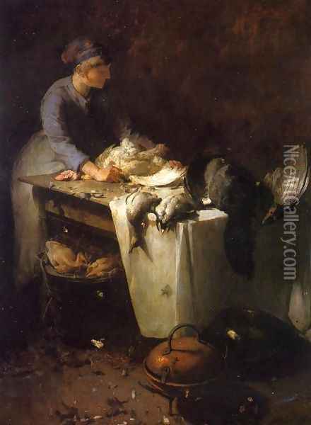 A Young Girl Preparing Poultry Oil Painting - Emil Carlsen