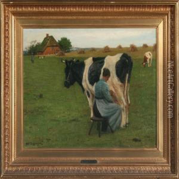 A Milkmaid In The Field Oil Painting - Poul Steffensen