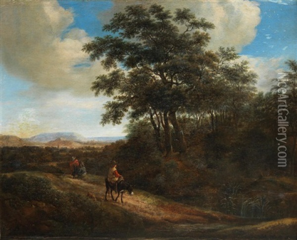 A Wooded Landscape With A Figure On A Donkey Oil Painting - Adam Pynacker