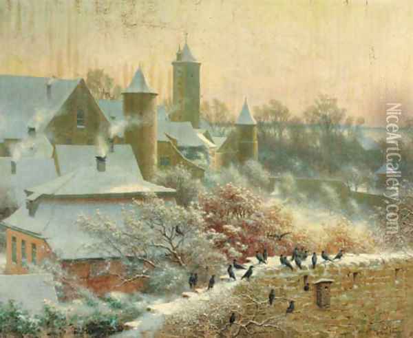 A Continental village in winter Oil Painting - Arthur Wasse