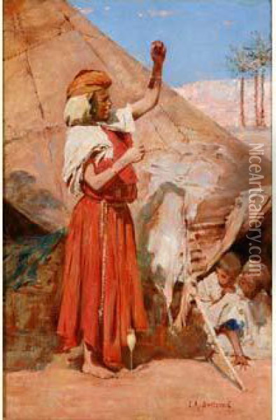 Jeune Fileuse Devant Sa Tente, Circa 1890 Oil Painting - Eugene Bertrand