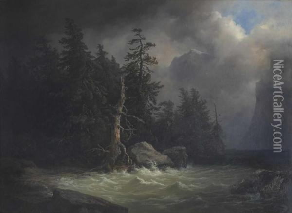 Gewitterstimmung Am Ufer Eines Gebirgssees. Oil Painting - Josef Kriehuber