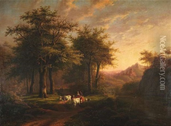 Landschaft Im Abendlicht Mit Spaziergangern Und Kuhen Am Waldrand (+ Another, Similar; Pair) Oil Painting - Caesar Bimmermann