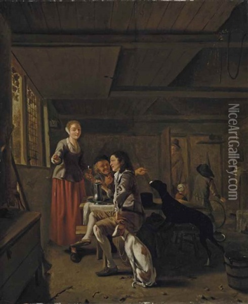 A Young Woman Serving A Glass Of Red Wine To A Huntsman, With Other Men, Children And Hunting Dogs, In A Inn Oil Painting - Ludolf de Jongh