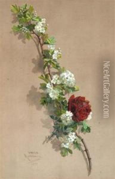 A Still Life Of A Red Rose And Blossom On A Branch Oil Painting - Emile Raybaud