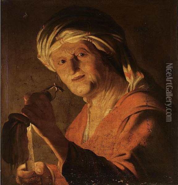 An Old Woman Holding A Candle And An Empty Purse Oil Painting - Gerrit Van Honthorst