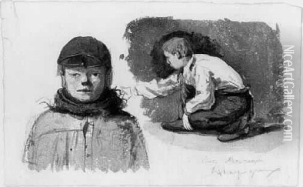Jeune Joueur De Petanque Accroupi Et Enfant A La Casquette En
 Buste Oil Painting - Henri-Joseph Harpignies