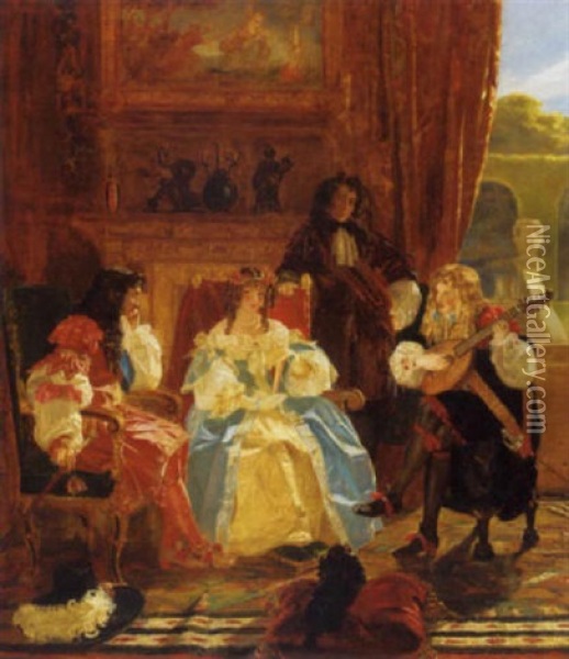 A Musician Serenading Charles Ii And Nell Gwynne As Witnessed By John Evelyn Oil Painting - Edward Matthew Ward