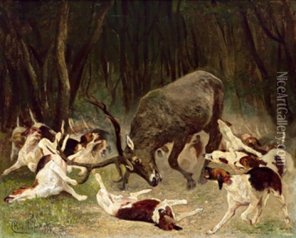 Ein Hirsch, Von Hunden Angegriffen Oil Painting - Carl Rudolph Huber