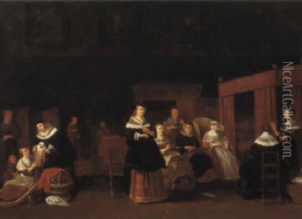 Interior With Women Attending To A Newborn Child Oil Painting - Anthonie Palamedesz