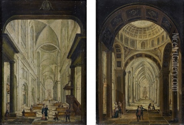 Vues D'interieurs D'eglises (pair) Oil Painting - Christian Stoecklin