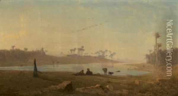 Sur Les Bords Du Nil, Memphis Oil Painting - Ch. Theodore, Bey Frere