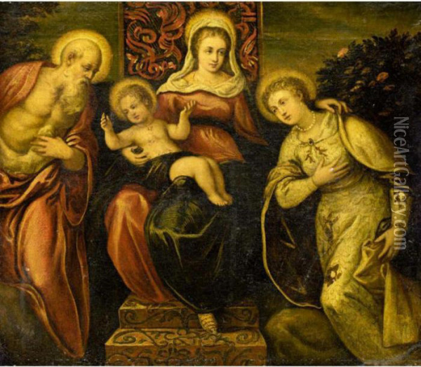 The Madonna And Child With Saint Jerome And A Female Saint Oil Painting - Jacopo Robusti, II Tintoretto