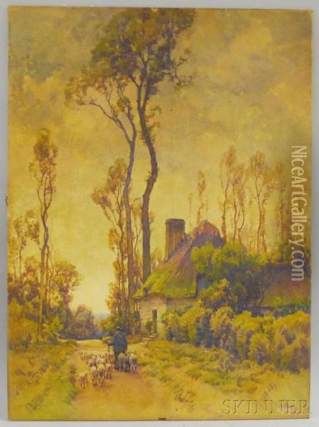 Man With Sheep Walking Down A Country Lane Oil Painting - Hezekiah Anthony Dyer